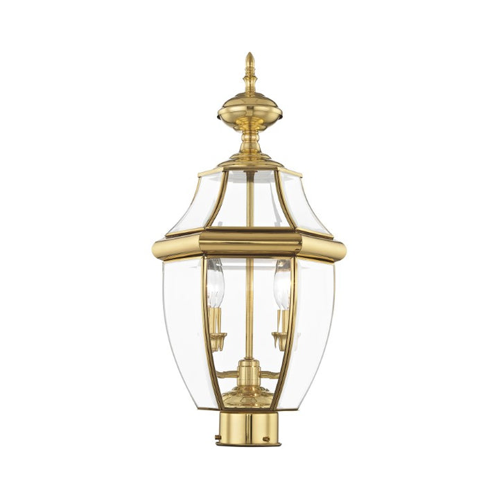 2254-02 Monterey Candelabra Base Light Bulb Socket Medium Outdoor Post Top Lantern 21.5" x 10.5" Hand Crafted Solid Brass and Clear Beveled Glass , Polished Brass Finish 120V for Garden, Exterior Post