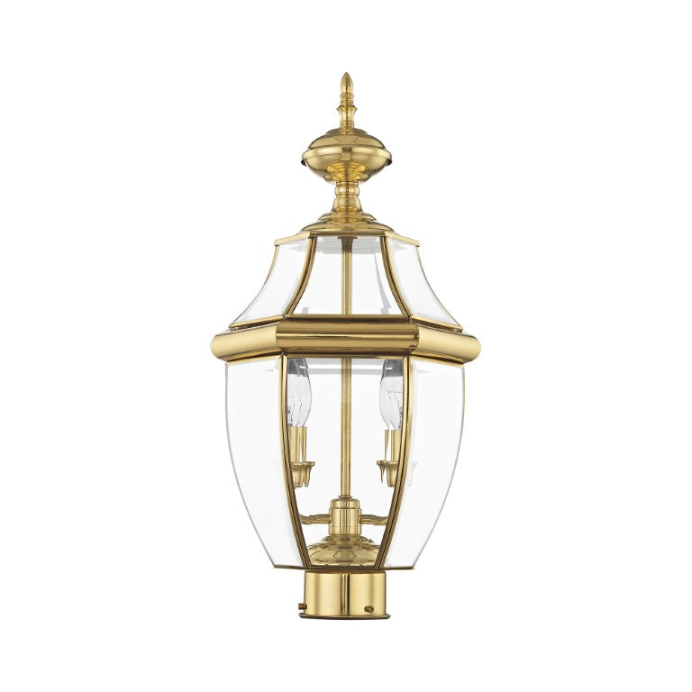 2254-02 Monterey Candelabra Base Light Bulb Socket Medium Outdoor Post Top Lantern 21.5" x 10.5" Hand Crafted Solid Brass and Clear Beveled Glass , Polished Brass Finish 120V for Garden, Exterior Post