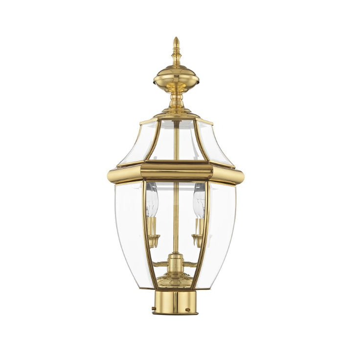 2254-02 Monterey Candelabra Base Light Bulb Socket Medium Outdoor Post Top Lantern 21.5" x 10.5" Hand Crafted Solid Brass and Clear Beveled Glass , Polished Brass Finish 120V for Garden, Exterior Post