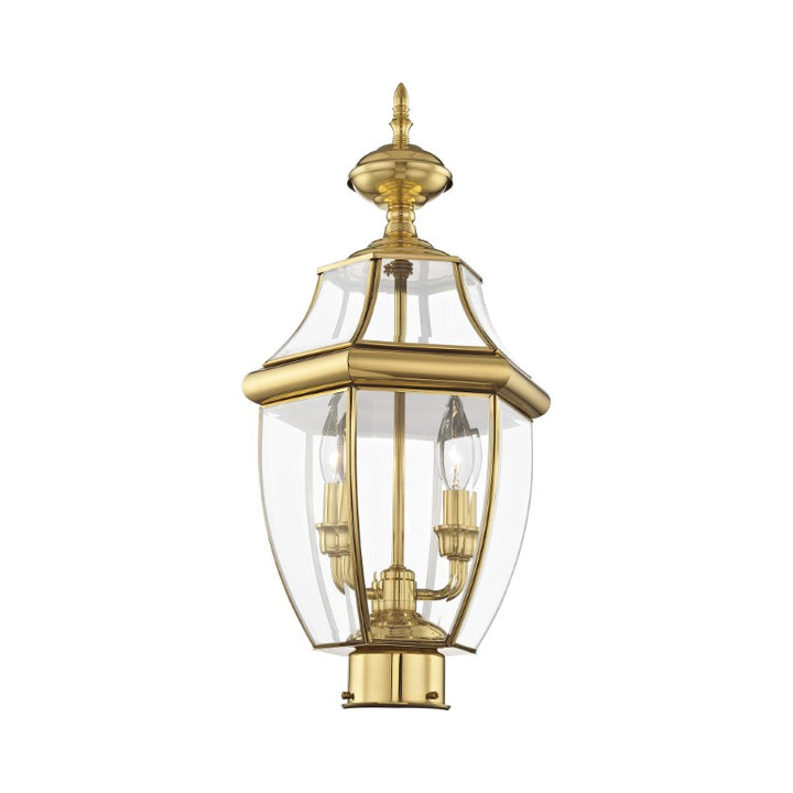 2254-02 Monterey Candelabra Base Light Bulb Socket Medium Outdoor Post Top Lantern 21.5" x 10.5" Hand Crafted Solid Brass and Clear Beveled Glass , Polished Brass Finish 120V for Garden, Exterior Post