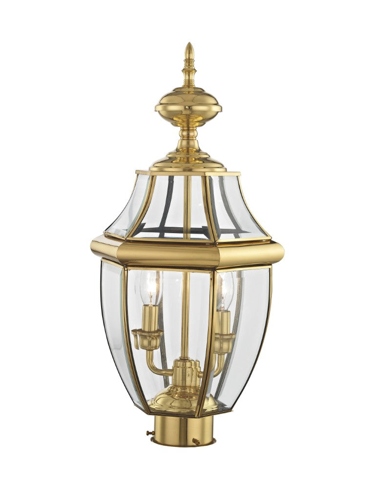 2254-02 Monterey Candelabra Base Light Bulb Socket Medium Outdoor Post Top Lantern 21.5" x 10.5" Hand Crafted Solid Brass and Clear Beveled Glass , Polished Brass Finish 120V for Garden, Exterior Post