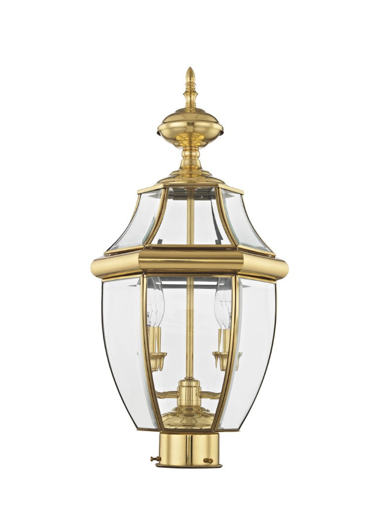 2254-02 Monterey Candelabra Base Light Bulb Socket Medium Outdoor Post Top Lantern 21.5" x 10.5" Hand Crafted Solid Brass and Clear Beveled Glass , Polished Brass Finish 120V for Garden, Exterior Post