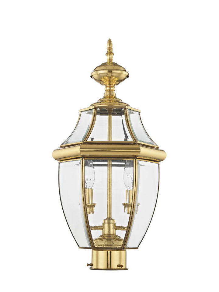 2254-02 Monterey Candelabra Base Light Bulb Socket Medium Outdoor Post Top Lantern 21.5" x 10.5" Hand Crafted Solid Brass and Clear Beveled Glass , Polished Brass Finish 120V for Garden, Exterior Post