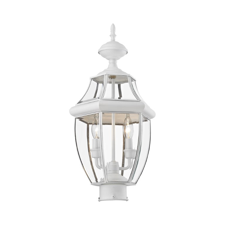 2254-03 Monterey Candelabra Base Light Bulb Socket Medium Outdoor Post Top Lantern 21.5" x 10.5" Hand Crafted Solid Brass and Clear Beveled Glass , White Finish 120V for Garden, Exterior Post