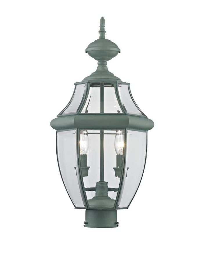 2254-06 Monterey Candelabra Base Light Bulb Socket Medium Outdoor Post Top Lantern 21.5" x 10.5" Hand Crafted Solid Brass and Clear Beveled Glass , Verdigris Finish 120V for Garden, Exterior Post