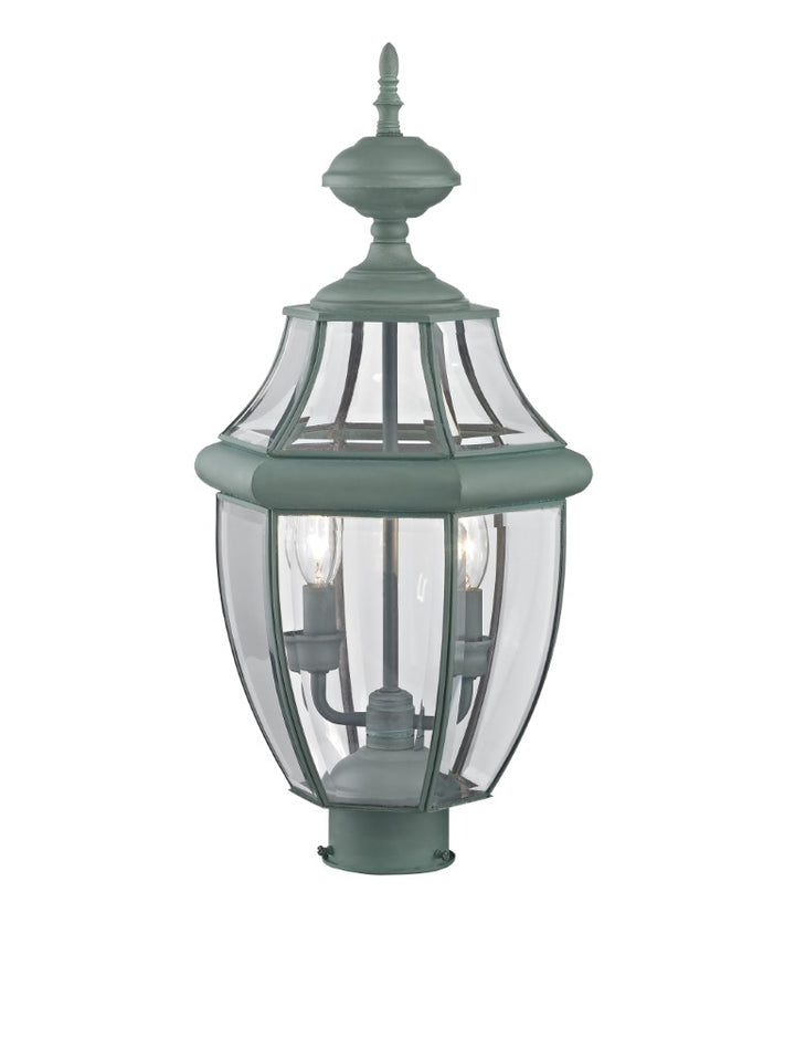 2254-06 Monterey Candelabra Base Light Bulb Socket Medium Outdoor Post Top Lantern 21.5" x 10.5" Hand Crafted Solid Brass and Clear Beveled Glass , Verdigris Finish 120V for Garden, Exterior Post