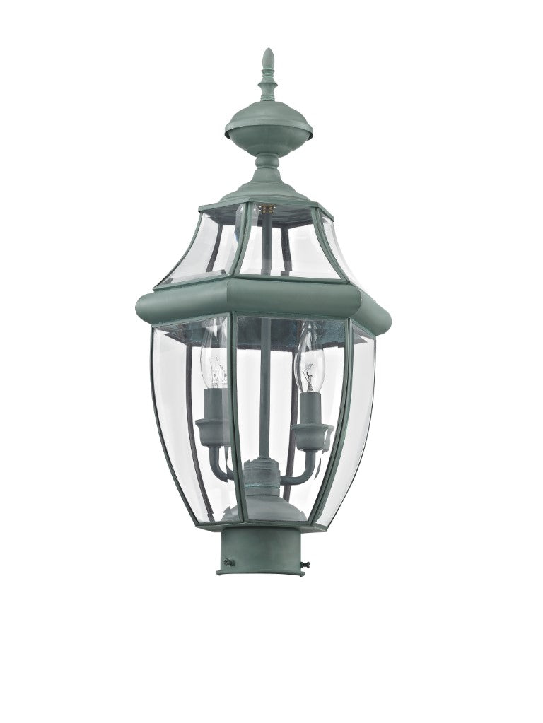 2254-06 Monterey Candelabra Base Light Bulb Socket Medium Outdoor Post Top Lantern 21.5" x 10.5" Hand Crafted Solid Brass and Clear Beveled Glass , Verdigris Finish 120V for Garden, Exterior Post