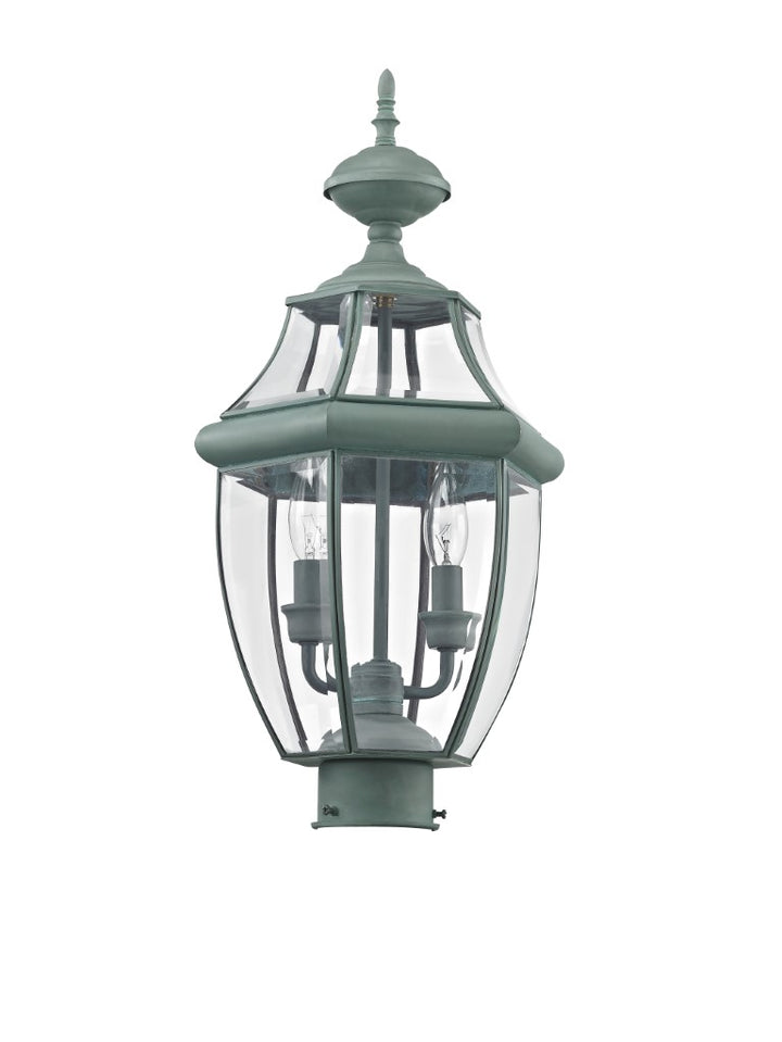 2254-06 Monterey Candelabra Base Light Bulb Socket Medium Outdoor Post Top Lantern 21.5" x 10.5" Hand Crafted Solid Brass and Clear Beveled Glass , Verdigris Finish 120V for Garden, Exterior Post