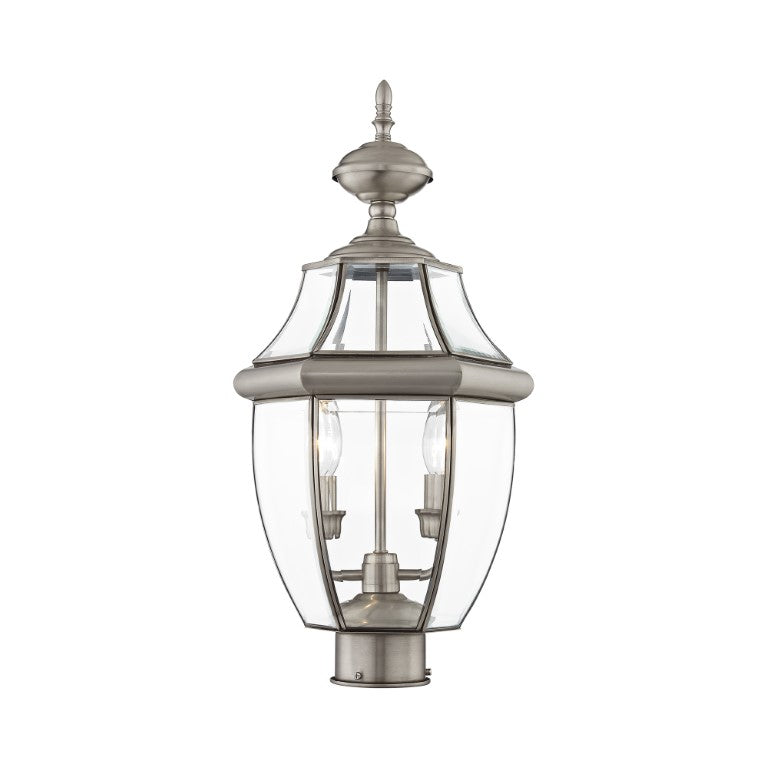 2254-91 Monterey Candelabra Base Light Bulb Socket Medium Outdoor Post Top Lantern 21.5" x 10.5" Hand Crafted Solid Brass and Clear Beveled Glass, Brushed Nickel Finish 120V for Garden, Exterior Post