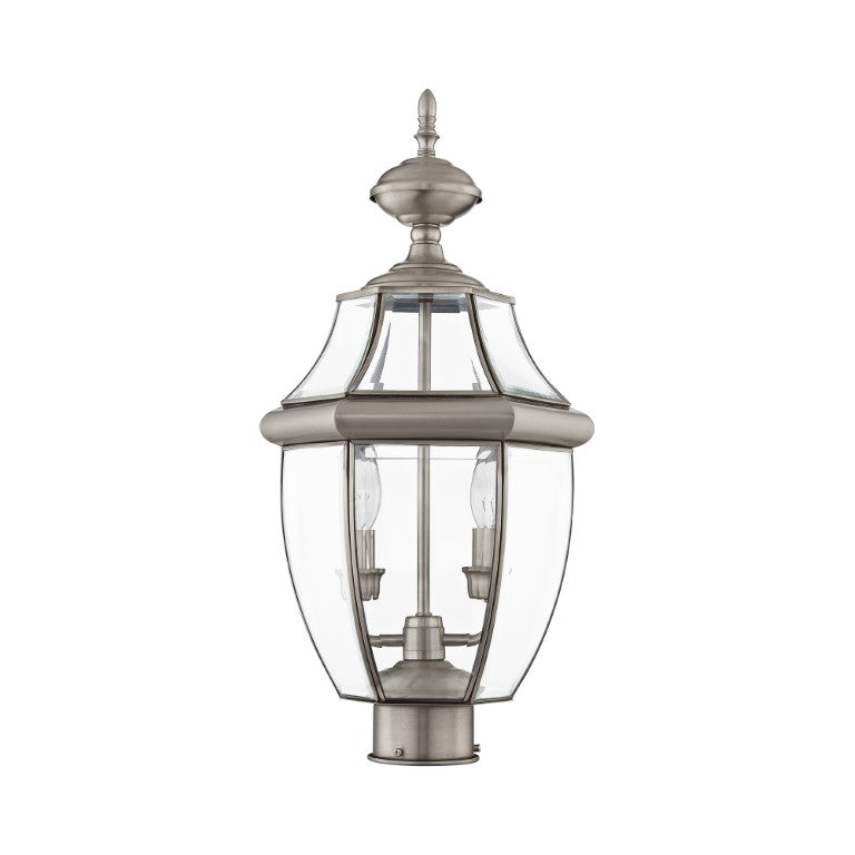 2254-91 Monterey Candelabra Base Light Bulb Socket Medium Outdoor Post Top Lantern 21.5" x 10.5" Hand Crafted Solid Brass and Clear Beveled Glass, Brushed Nickel Finish 120V for Garden, Exterior Post
