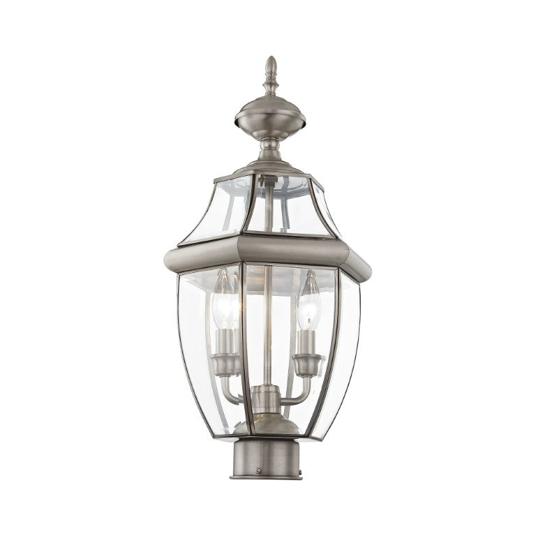 2254-91 Monterey Candelabra Base Light Bulb Socket Medium Outdoor Post Top Lantern 21.5" x 10.5" Hand Crafted Solid Brass and Clear Beveled Glass, Brushed Nickel Finish 120V for Garden, Exterior Post