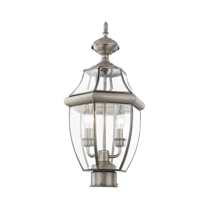 2254-91 Monterey Candelabra Base Light Bulb Socket Medium Outdoor Post Top Lantern 21.5" x 10.5" Hand Crafted Solid Brass and Clear Beveled Glass, Brushed Nickel Finish 120V for Garden, Exterior Post