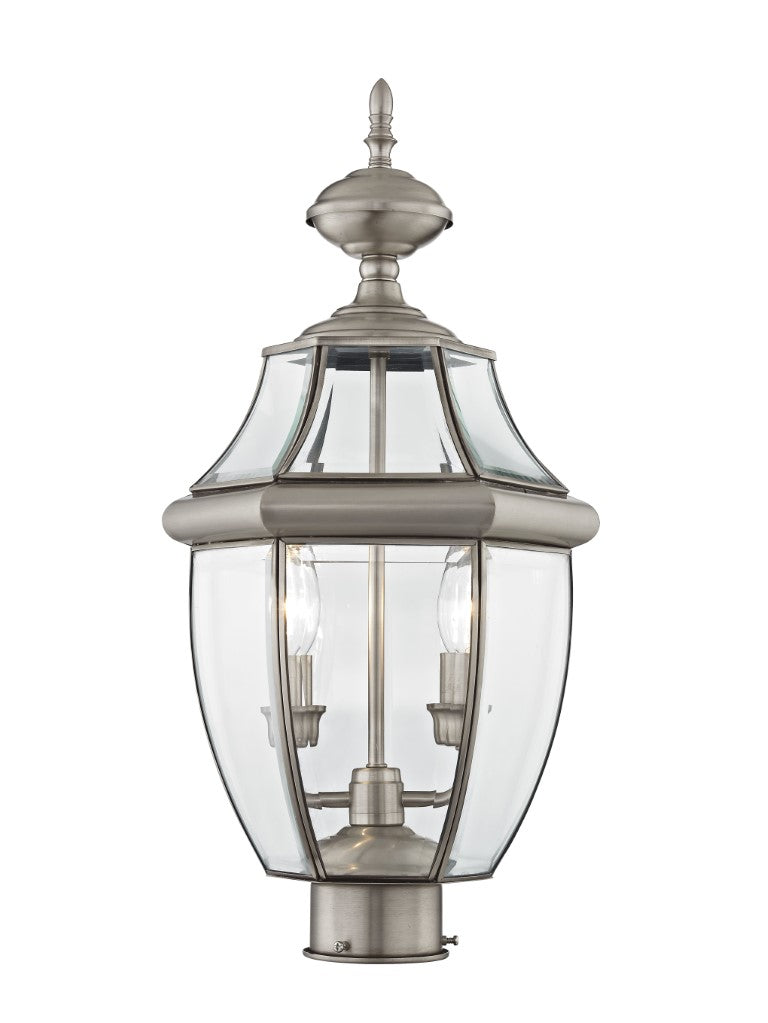 2254-91 Monterey Candelabra Base Light Bulb Socket Medium Outdoor Post Top Lantern 21.5" x 10.5" Hand Crafted Solid Brass and Clear Beveled Glass, Brushed Nickel Finish 120V for Garden, Exterior Post