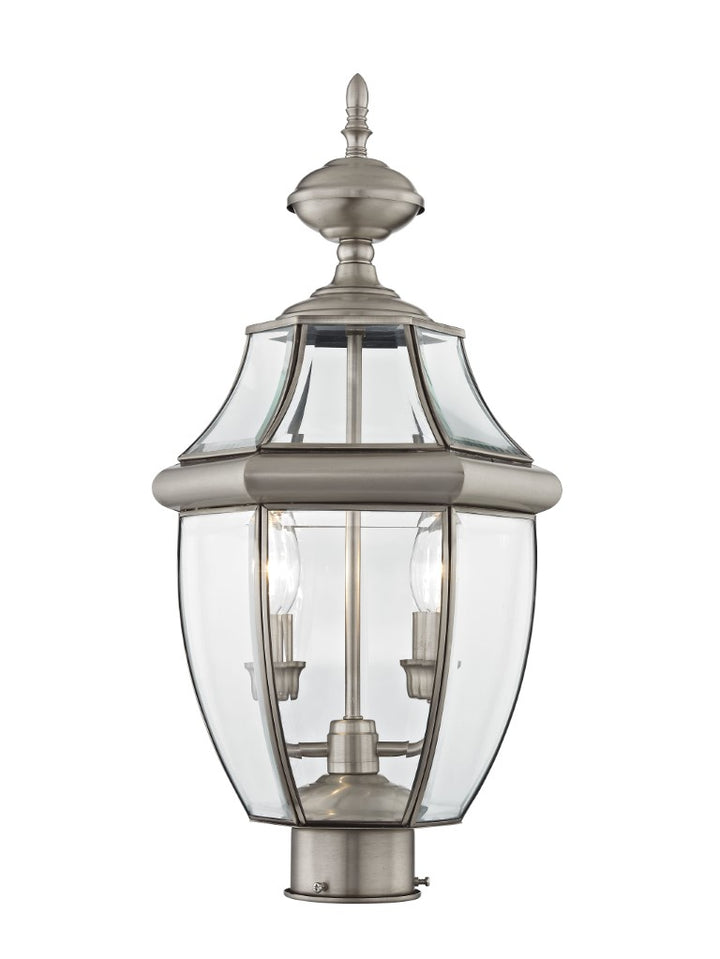 2254-91 Monterey Candelabra Base Light Bulb Socket Medium Outdoor Post Top Lantern 21.5" x 10.5" Hand Crafted Solid Brass and Clear Beveled Glass, Brushed Nickel Finish 120V for Garden, Exterior Post
