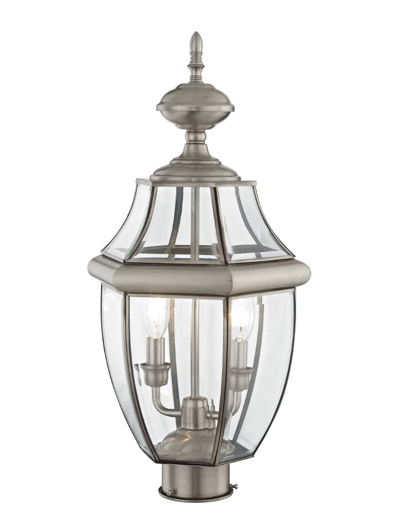 2254-91 Monterey Candelabra Base Light Bulb Socket Medium Outdoor Post Top Lantern 21.5" x 10.5" Hand Crafted Solid Brass and Clear Beveled Glass, Brushed Nickel Finish 120V for Garden, Exterior Post