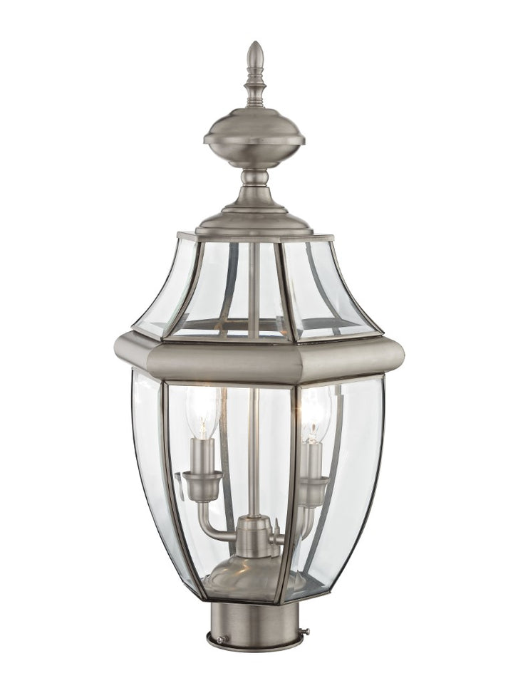 2254-91 Monterey Candelabra Base Light Bulb Socket Medium Outdoor Post Top Lantern 21.5" x 10.5" Hand Crafted Solid Brass and Clear Beveled Glass, Brushed Nickel Finish 120V for Garden, Exterior Post