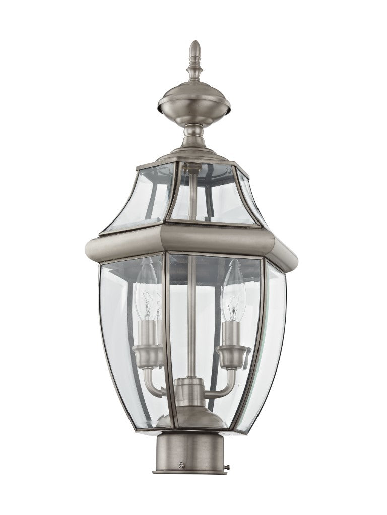 2254-91 Monterey Candelabra Base Light Bulb Socket Medium Outdoor Post Top Lantern 21.5" x 10.5" Hand Crafted Solid Brass and Clear Beveled Glass, Brushed Nickel Finish 120V for Garden, Exterior Post