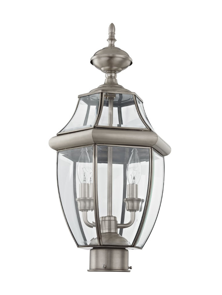 2254-91 Monterey Candelabra Base Light Bulb Socket Medium Outdoor Post Top Lantern 21.5" x 10.5" Hand Crafted Solid Brass and Clear Beveled Glass, Brushed Nickel Finish 120V for Garden, Exterior Post