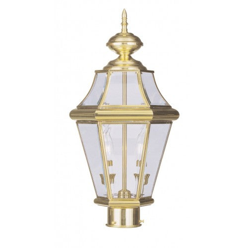 2264-02 Georgetown Candelabra Base Light Bulb Socket Medium Outdoor Post Top Lantern 21" x 10.25"  Hand Crafted Solid Brass and Clear Beveled Glass, Polished Brass Finish 120V for Garden, Exterior Post