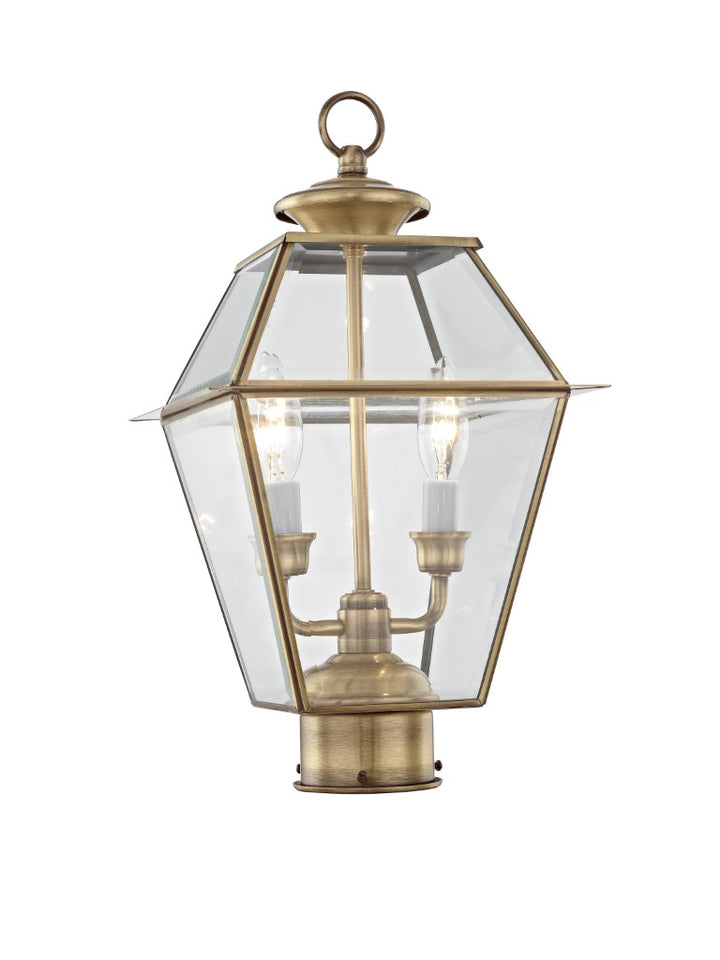 2284-01 Westover Candelabra Base Light Bulb Socket Medium Outdoor Post Top Lantern 9" x 9" x 16.5"  Hand Crafted Solid Brass and Clear Beveled Glass, Antique Brass Finish 120V for Garden, Exterior Post
