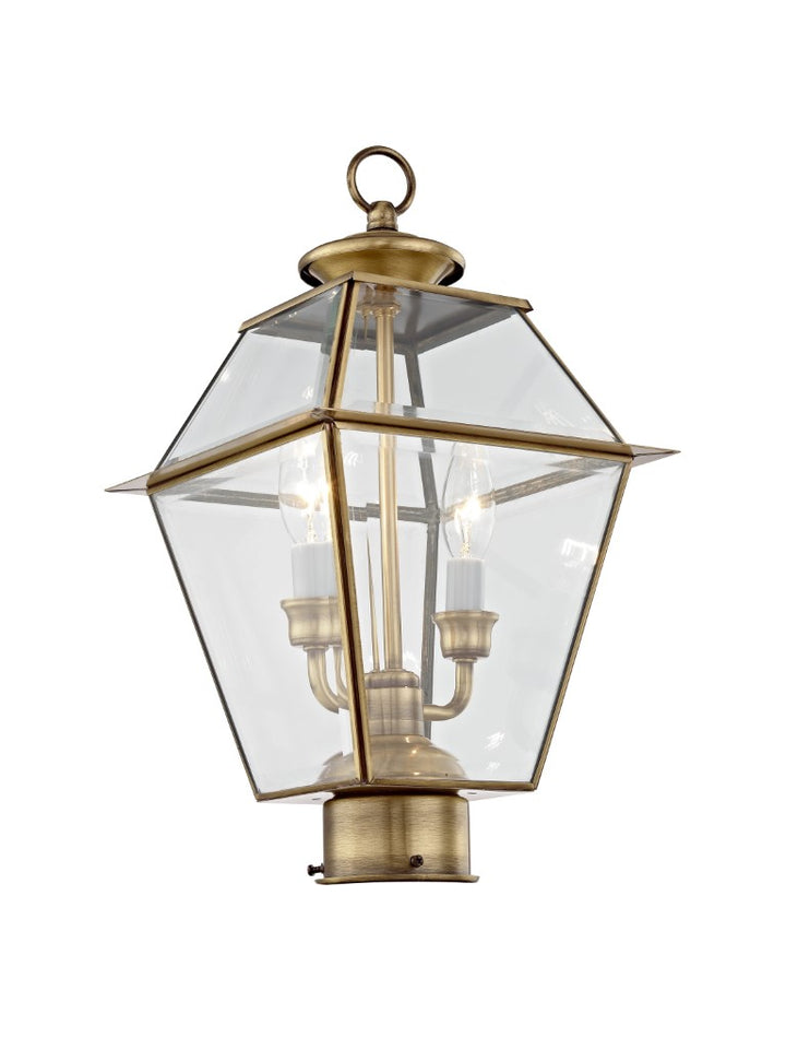 2284-01 Westover Candelabra Base Light Bulb Socket Medium Outdoor Post Top Lantern 9" x 9" x 16.5"  Hand Crafted Solid Brass and Clear Beveled Glass, Antique Brass Finish 120V for Garden, Exterior Post