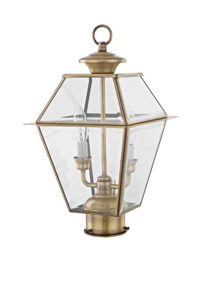 2284-01 Westover Candelabra Base Light Bulb Socket Medium Outdoor Post Top Lantern 9" x 9" x 16.5"  Hand Crafted Solid Brass and Clear Beveled Glass, Antique Brass Finish 120V for Garden, Exterior Post
