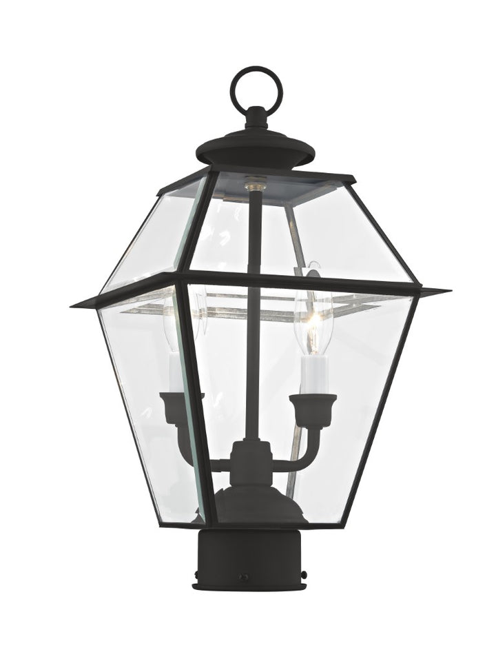 2284-04 Westover Candelabra Base Light Bulb Socket Medium Outdoor Post Top Lantern 9" x 9" x 16.5"  Hand Crafted Solid Brass and Clear Beveled Glass, Black Finish 120V for Garden, Exterior Post