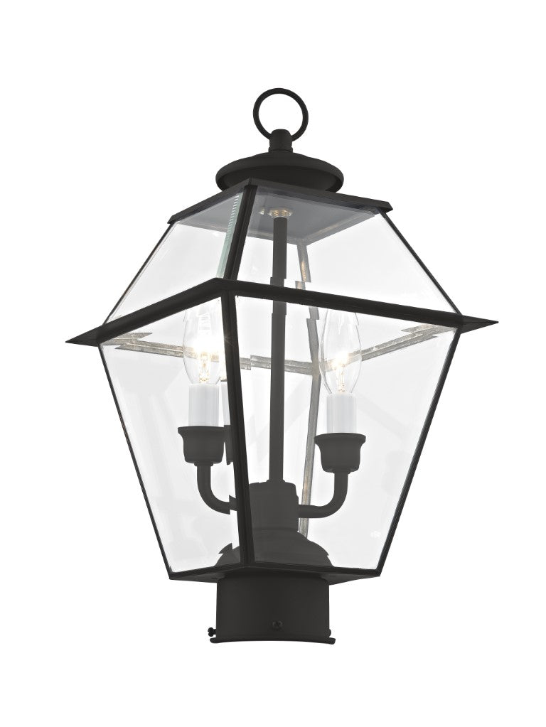 2284-04 Westover Candelabra Base Light Bulb Socket Medium Outdoor Post Top Lantern 9" x 9" x 16.5"  Hand Crafted Solid Brass and Clear Beveled Glass, Black Finish 120V for Garden, Exterior Post