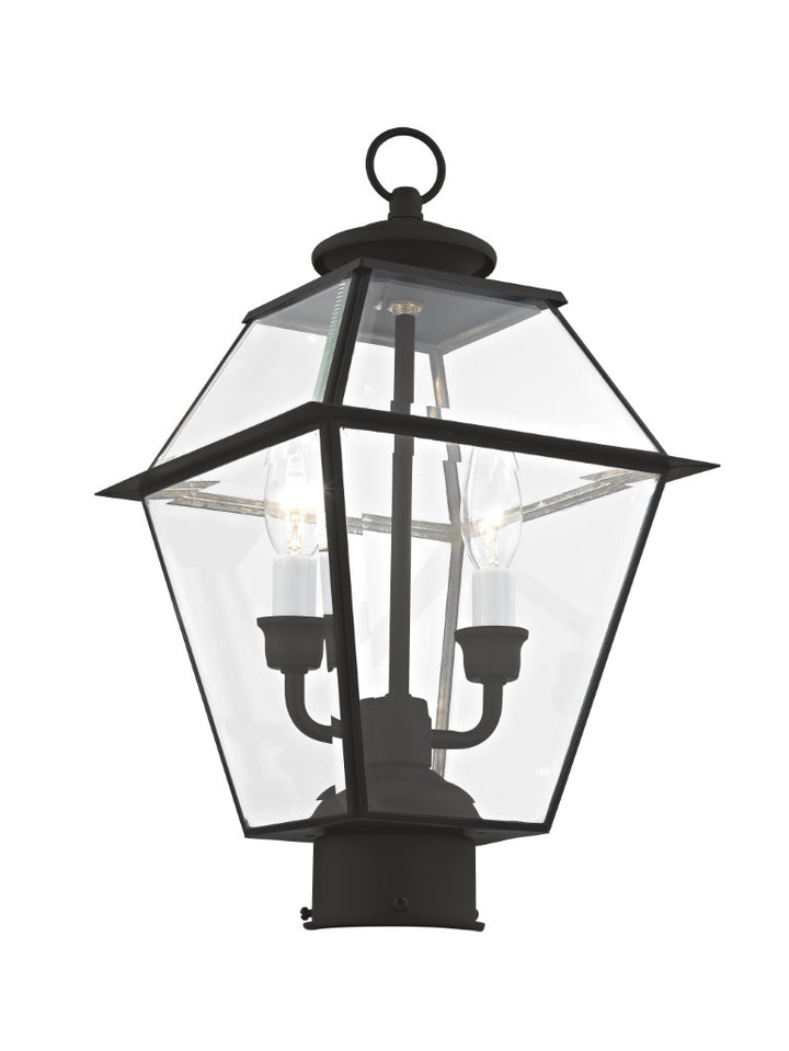 2284-04 Westover Candelabra Base Light Bulb Socket Medium Outdoor Post Top Lantern 9" x 9" x 16.5"  Hand Crafted Solid Brass and Clear Beveled Glass, Black Finish 120V for Garden, Exterior Post