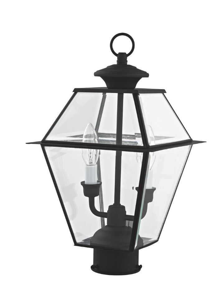 2284-04 Westover Candelabra Base Light Bulb Socket Medium Outdoor Post Top Lantern 9" x 9" x 16.5"  Hand Crafted Solid Brass and Clear Beveled Glass, Black Finish 120V for Garden, Exterior Post