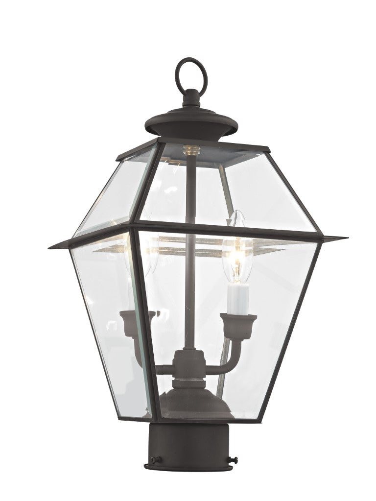 2284-07 Westover Candelabra Base Light Bulb Socket Medium Outdoor Post Top Lantern 9" x 9" x 16.5"  Hand Crafted Solid Brass and Clear Beveled Glass, Bronze Finish 120V for Garden, Exterior Post