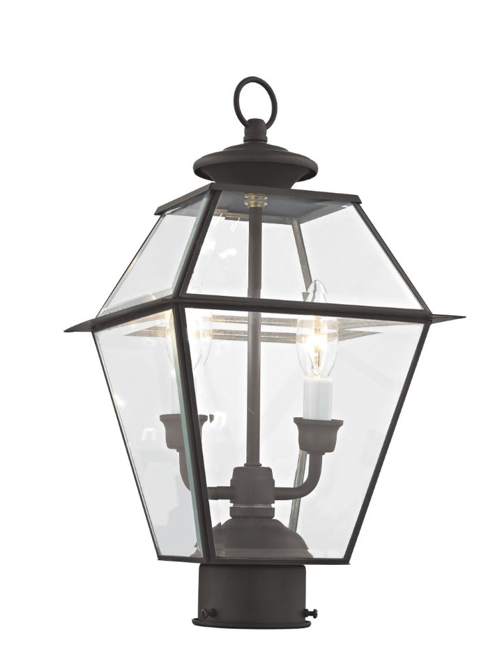2284-07 Westover Candelabra Base Light Bulb Socket Medium Outdoor Post Top Lantern 9" x 9" x 16.5"  Hand Crafted Solid Brass and Clear Beveled Glass, Bronze Finish 120V for Garden, Exterior Post