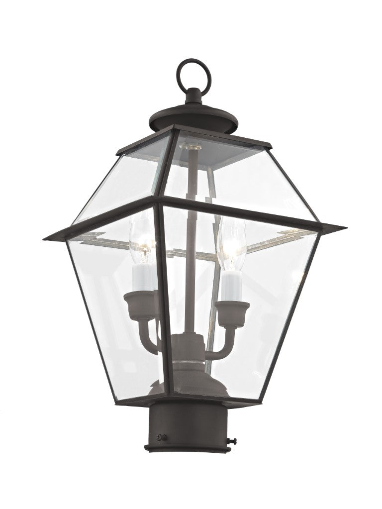 2284-07 Westover Candelabra Base Light Bulb Socket Medium Outdoor Post Top Lantern 9" x 9" x 16.5"  Hand Crafted Solid Brass and Clear Beveled Glass, Bronze Finish 120V for Garden, Exterior Post