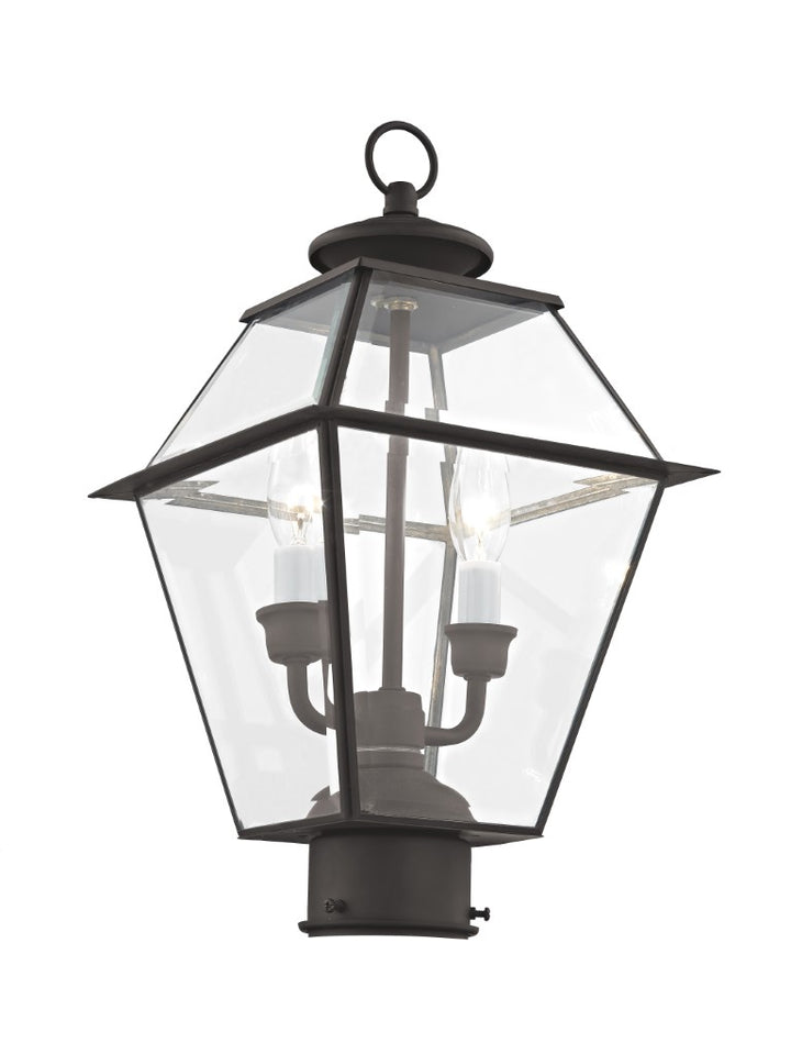 2284-07 Westover Candelabra Base Light Bulb Socket Medium Outdoor Post Top Lantern 9" x 9" x 16.5"  Hand Crafted Solid Brass and Clear Beveled Glass, Bronze Finish 120V for Garden, Exterior Post