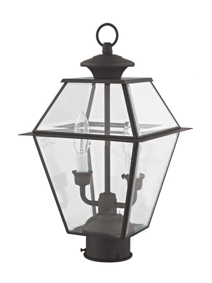 2284-07 Westover Candelabra Base Light Bulb Socket Medium Outdoor Post Top Lantern 9" x 9" x 16.5"  Hand Crafted Solid Brass and Clear Beveled Glass, Bronze Finish 120V for Garden, Exterior Post