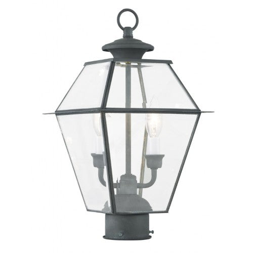 2284-61 Westover Candelabra Base Light Bulb Socket Medium Outdoor Post Top Lantern 9" x 9" x 16.5"  Hand Crafted Solid Brass and Clear Beveled Glass, Charcoal Finish 120V for Garden, Exterior Post