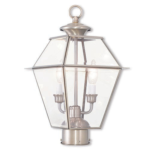 2284-91 Westover Candelabra Base Light Bulb Socket Medium Outdoor Post Top Lantern 9" x 9" x 16.5"  Hand Crafted Solid Brass and Clear Beveled Glass, Brushed Nickel Finish 120V for Garden, Exterior Post