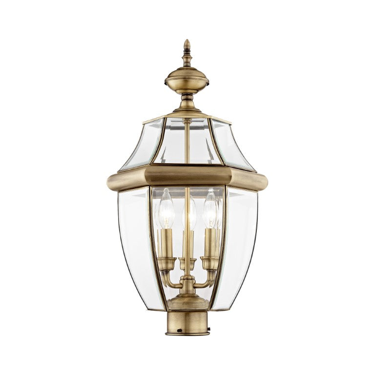 2354-01 Monterey Candelabra Base Light Bulb Socket Large Outdoor Post Top Lantern 23.5" x 12.5" Hand Crafted Solid Brass and Clear Beveled Glass, Antique Brass Finish 120V for Garden, Exterior Post