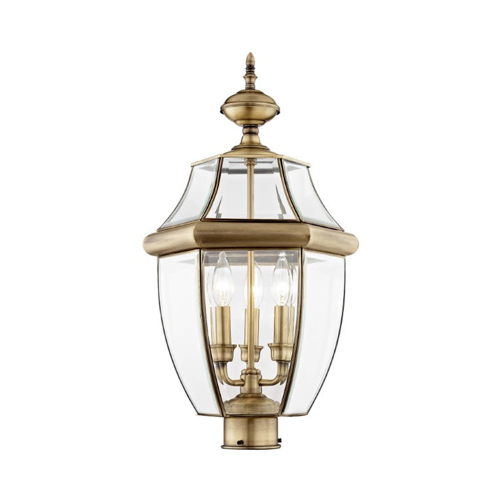 2354-01 Monterey Candelabra Base Light Bulb Socket Large Outdoor Post Top Lantern 23.5" x 12.5" Hand Crafted Solid Brass and Clear Beveled Glass, Antique Brass Finish 120V for Garden, Exterior Post