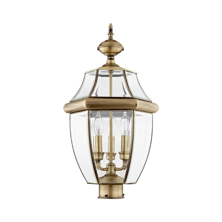 2354-01 Monterey Candelabra Base Light Bulb Socket Large Outdoor Post Top Lantern 23.5" x 12.5" Hand Crafted Solid Brass and Clear Beveled Glass, Antique Brass Finish 120V for Garden, Exterior Post