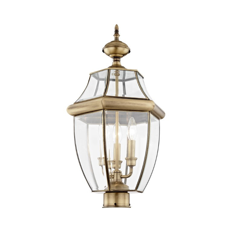 2354-01 Monterey Candelabra Base Light Bulb Socket Large Outdoor Post Top Lantern 23.5" x 12.5" Hand Crafted Solid Brass and Clear Beveled Glass, Antique Brass Finish 120V for Garden, Exterior Post