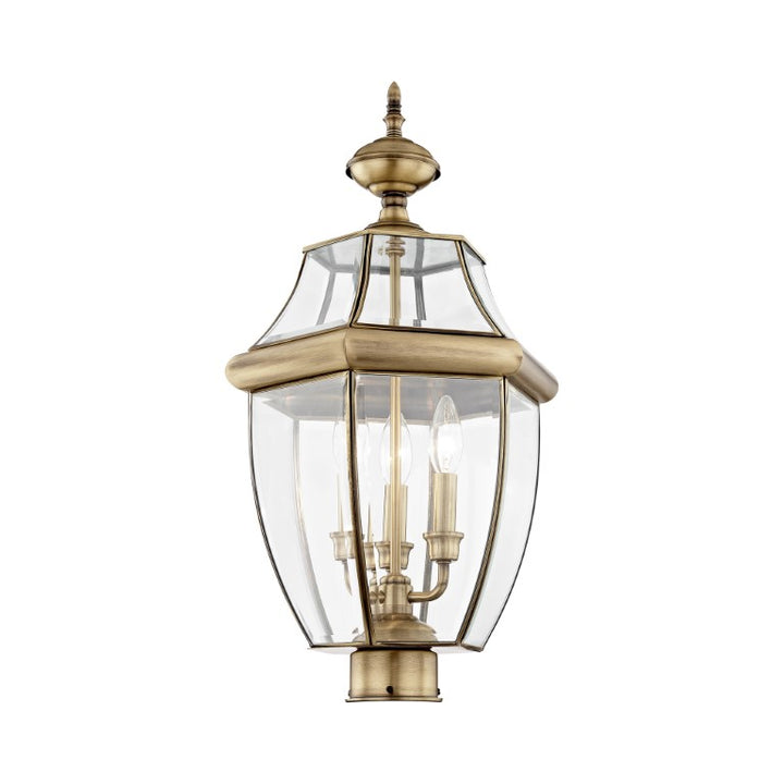 2354-01 Monterey Candelabra Base Light Bulb Socket Large Outdoor Post Top Lantern 23.5" x 12.5" Hand Crafted Solid Brass and Clear Beveled Glass, Antique Brass Finish 120V for Garden, Exterior Post