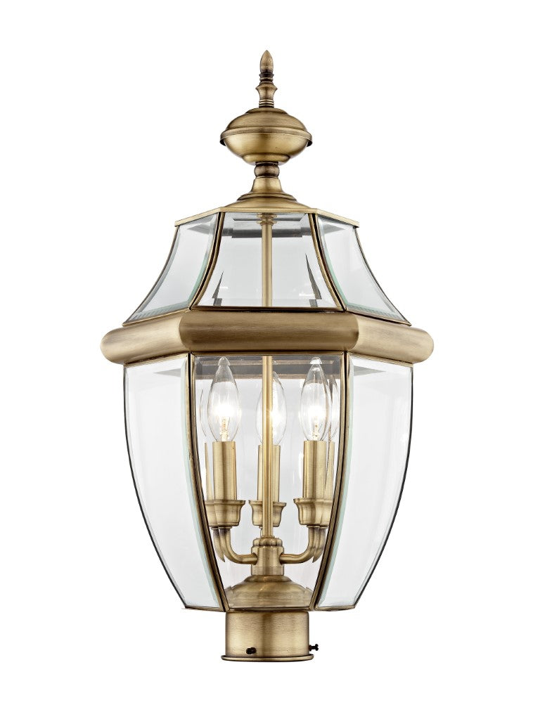 2354-01 Monterey Candelabra Base Light Bulb Socket Large Outdoor Post Top Lantern 23.5" x 12.5" Hand Crafted Solid Brass and Clear Beveled Glass, Antique Brass Finish 120V for Garden, Exterior Post