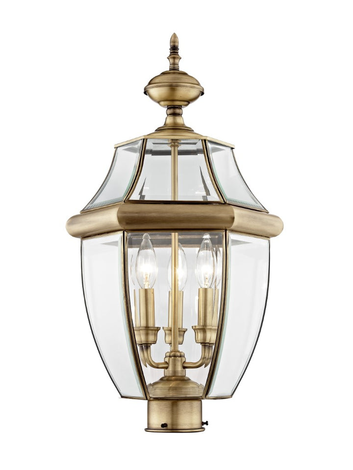 2354-01 Monterey Candelabra Base Light Bulb Socket Large Outdoor Post Top Lantern 23.5" x 12.5" Hand Crafted Solid Brass and Clear Beveled Glass, Antique Brass Finish 120V for Garden, Exterior Post
