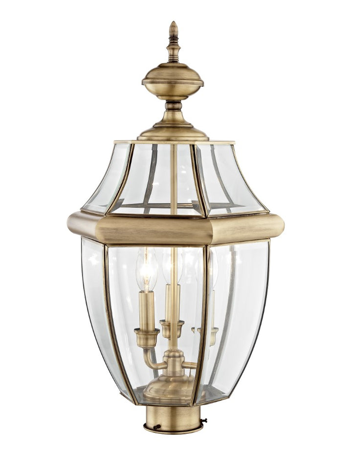 2354-01 Monterey Candelabra Base Light Bulb Socket Large Outdoor Post Top Lantern 23.5" x 12.5" Hand Crafted Solid Brass and Clear Beveled Glass, Antique Brass Finish 120V for Garden, Exterior Post