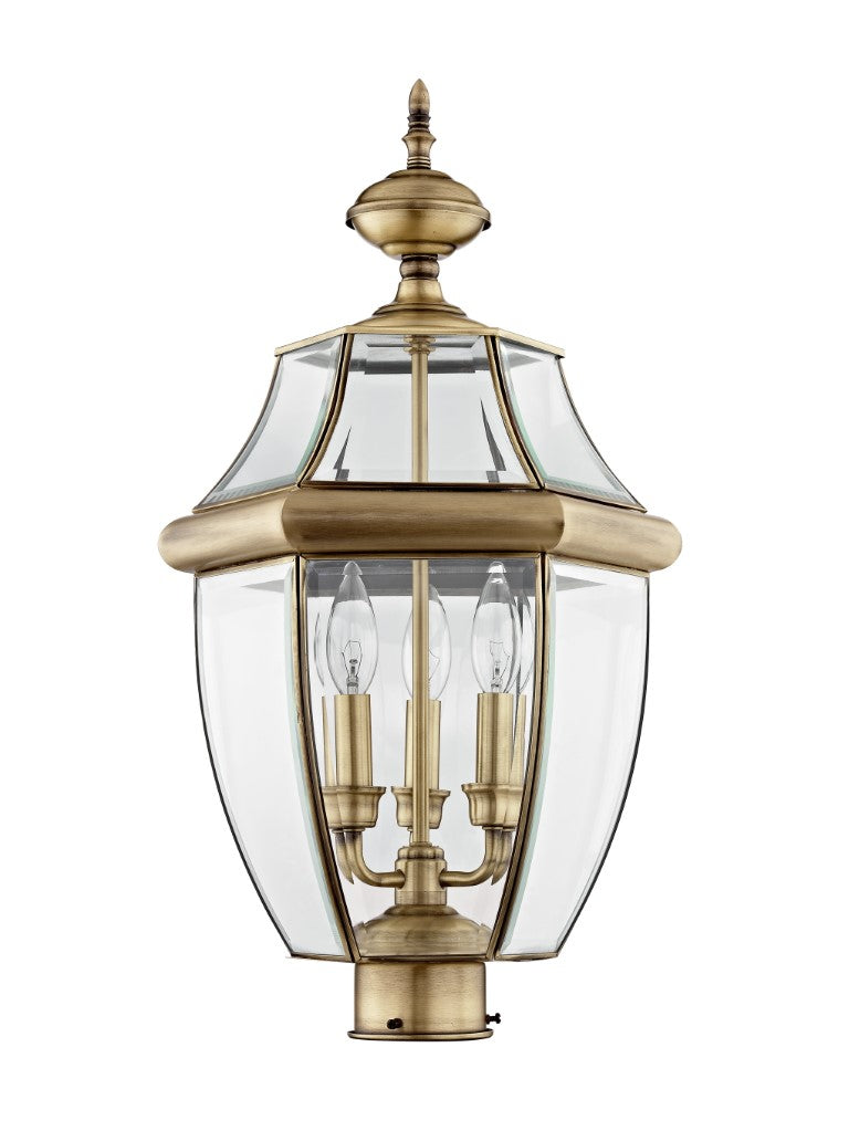 2354-01 Monterey Candelabra Base Light Bulb Socket Large Outdoor Post Top Lantern 23.5" x 12.5" Hand Crafted Solid Brass and Clear Beveled Glass, Antique Brass Finish 120V for Garden, Exterior Post