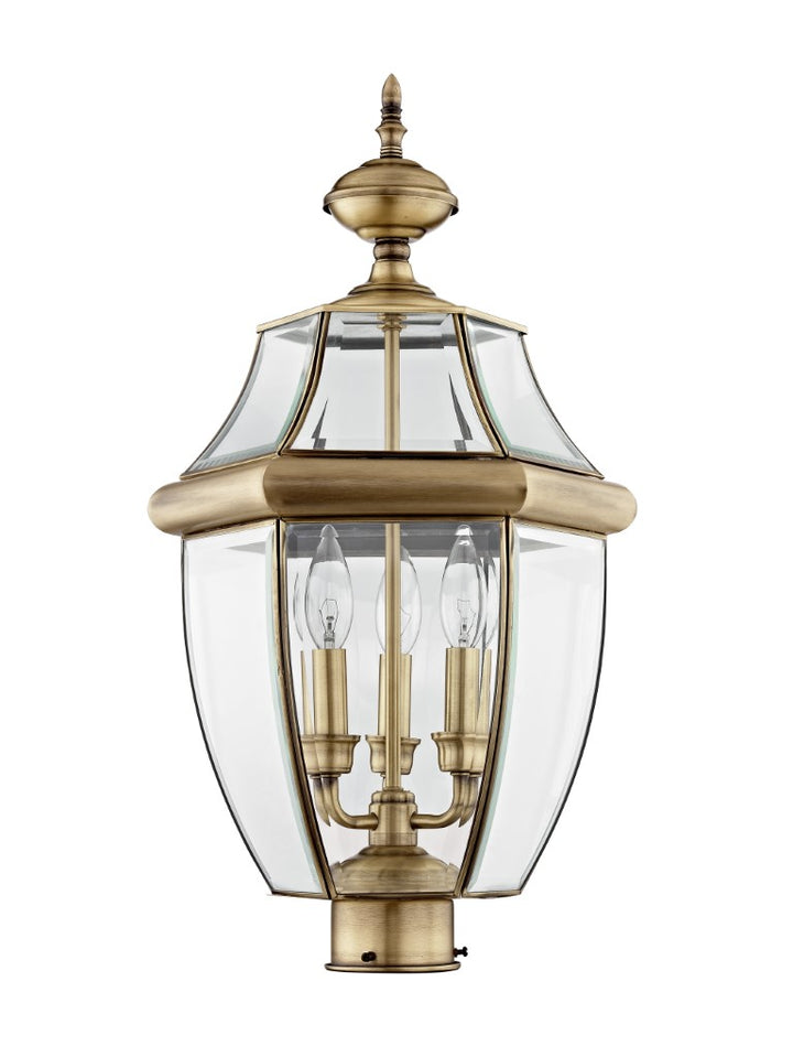 2354-01 Monterey Candelabra Base Light Bulb Socket Large Outdoor Post Top Lantern 23.5" x 12.5" Hand Crafted Solid Brass and Clear Beveled Glass, Antique Brass Finish 120V for Garden, Exterior Post