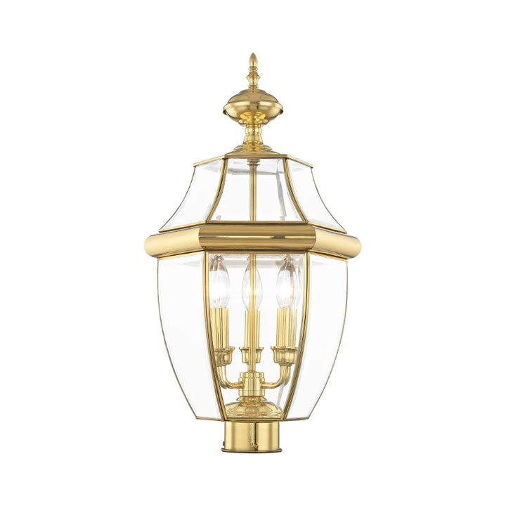 2354-02 Monterey Candelabra Base Light Bulb Socket Large Outdoor Post Top Lantern 23.5" x 12.5"  Hand Crafted Solid Brass and Clear Beveled Glass, Antique Brass Finish 120V for Garden, Exterior Post
