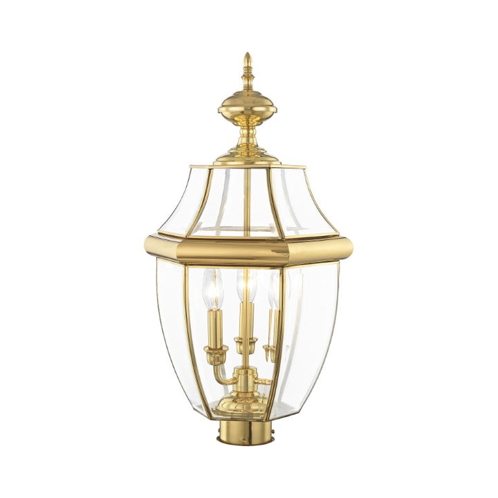 2354-02 Monterey Candelabra Base Light Bulb Socket Large Outdoor Post Top Lantern 23.5" x 12.5"  Hand Crafted Solid Brass and Clear Beveled Glass, Antique Brass Finish 120V for Garden, Exterior Post