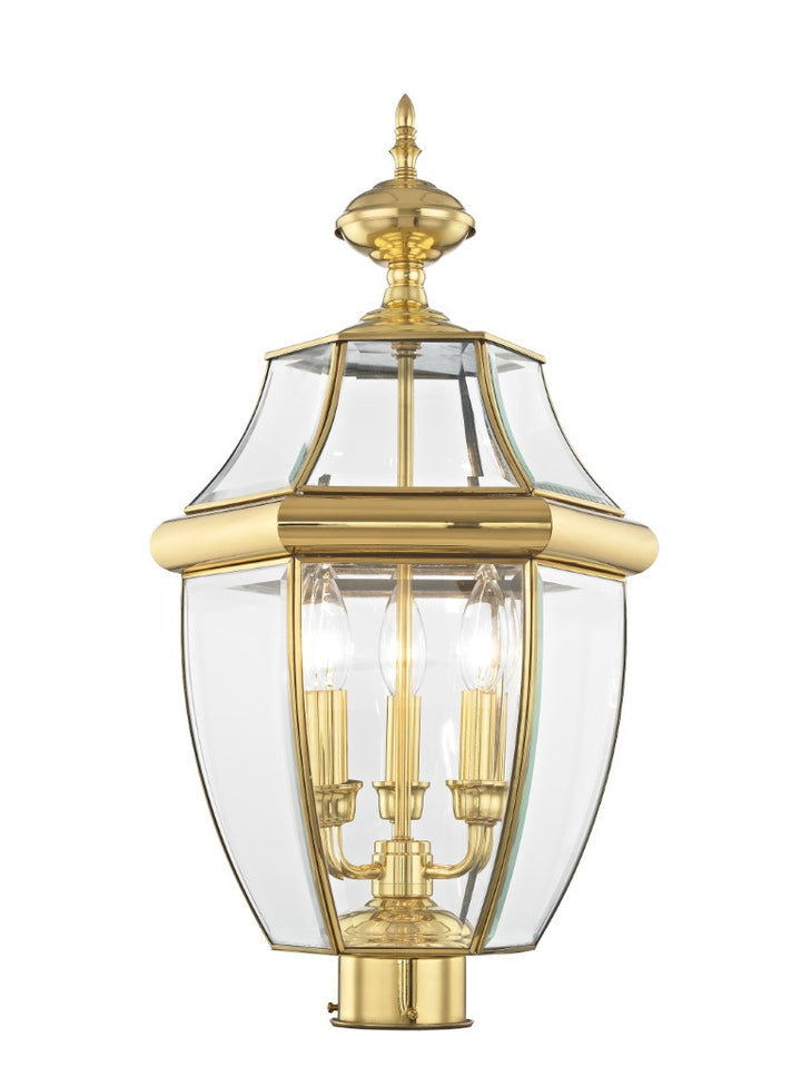 2354-02 Monterey Candelabra Base Light Bulb Socket Large Outdoor Post Top Lantern 23.5" x 12.5"  Hand Crafted Solid Brass and Clear Beveled Glass, Antique Brass Finish 120V for Garden, Exterior Post
